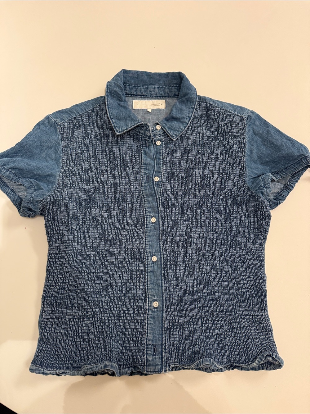Zara Washed Denim Blue Short Sleeve Button-Down Shirt
